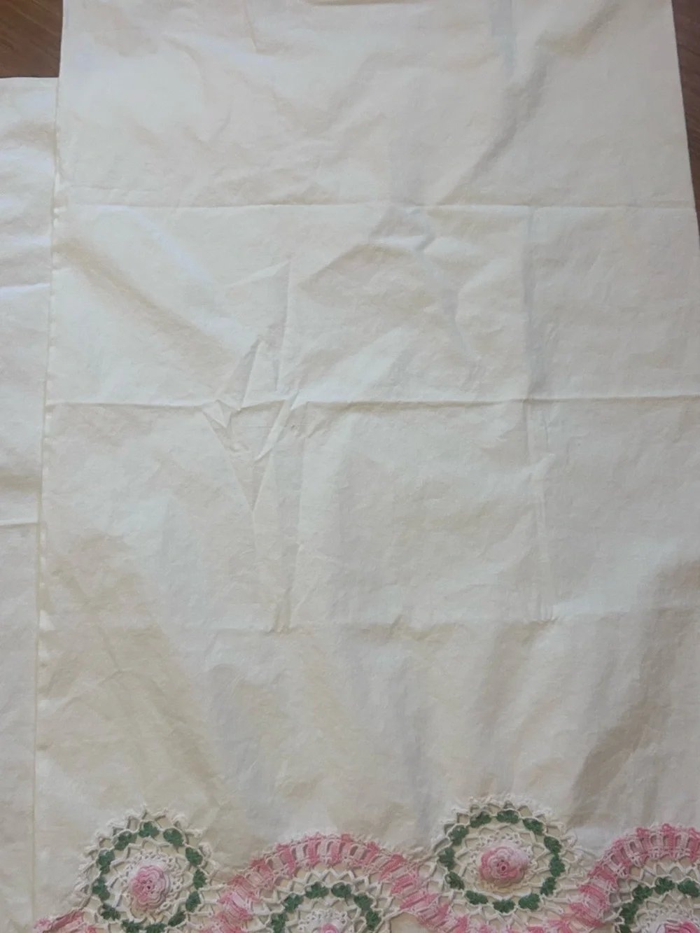 Vintage White Pillowcases with Pink and Green Crochet Trim